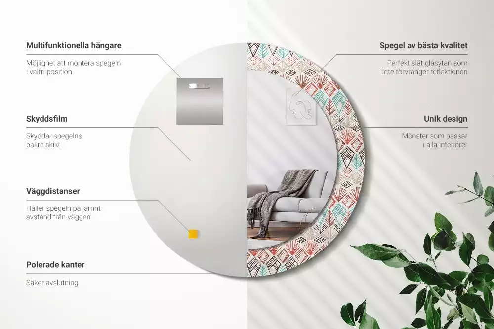 Lustro z nadrukowaną ramką o okrągłym kształcie z motywem etnicznym