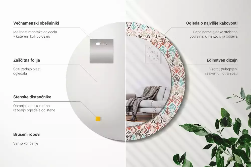 Lustro z nadrukowaną ramką o okrągłym kształcie z motywem etnicznym