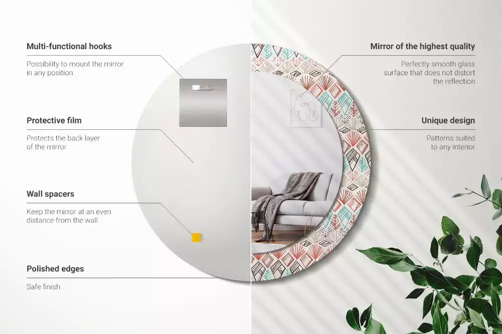 Lustro z nadrukowaną ramką o okrągłym kształcie z motywem etnicznym