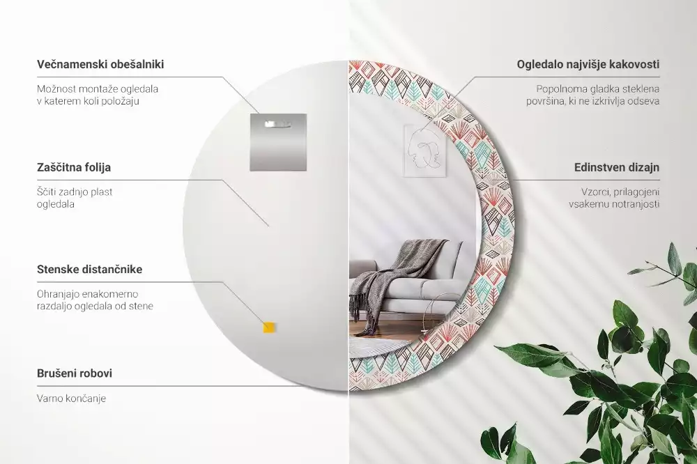 Lustro z nadrukowaną ramką o okrągłym kształcie z motywem etnicznym