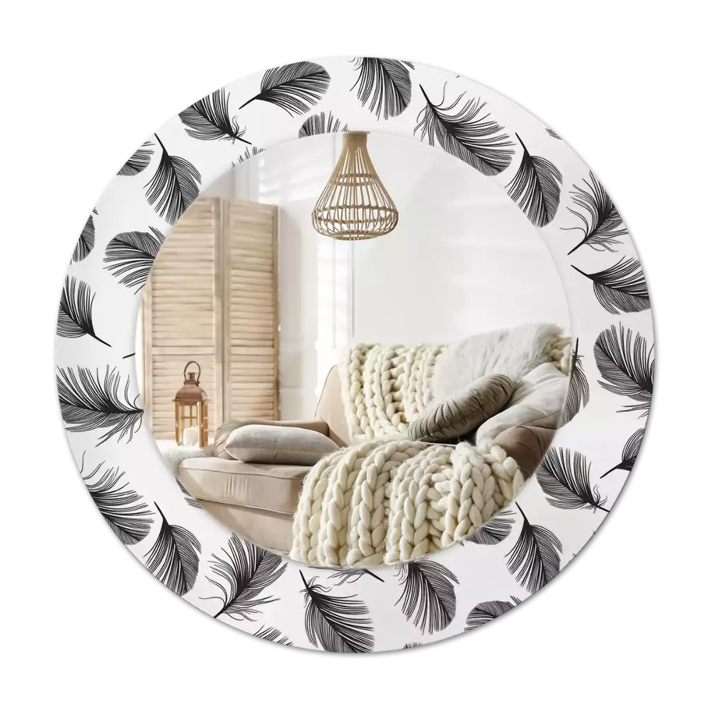 Lustro ścienne dekoracyjne w kształcie koła z motywem piór