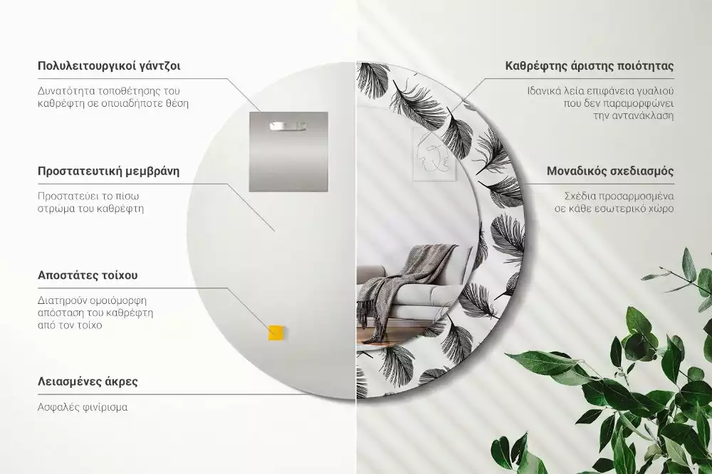 Lustro ścienne dekoracyjne w kształcie koła z motywem piór