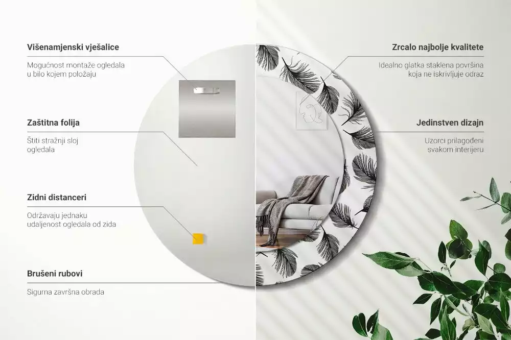 Lustro ścienne dekoracyjne w kształcie koła z motywem piór