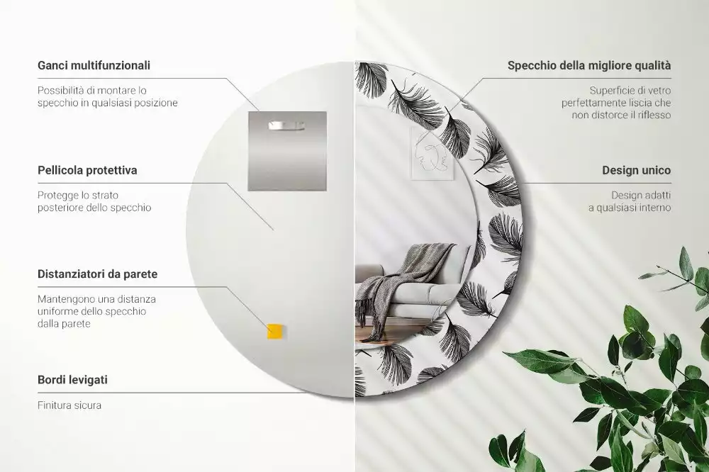 Lustro ścienne dekoracyjne w kształcie koła z motywem piór