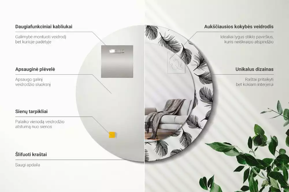 Lustro ścienne dekoracyjne w kształcie koła z motywem piór