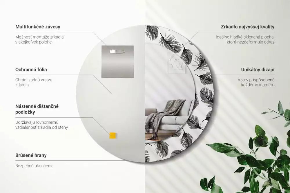 Lustro ścienne dekoracyjne w kształcie koła z motywem piór