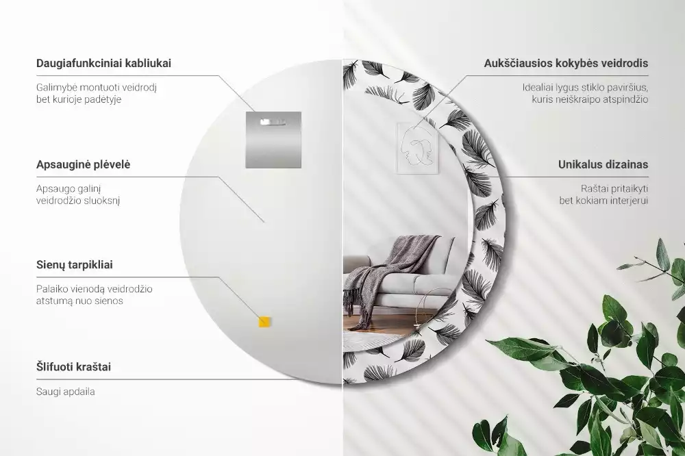 Lustro ścienne dekoracyjne w kształcie koła z motywem piór