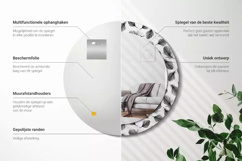 Lustro ścienne dekoracyjne w kształcie koła z motywem piór