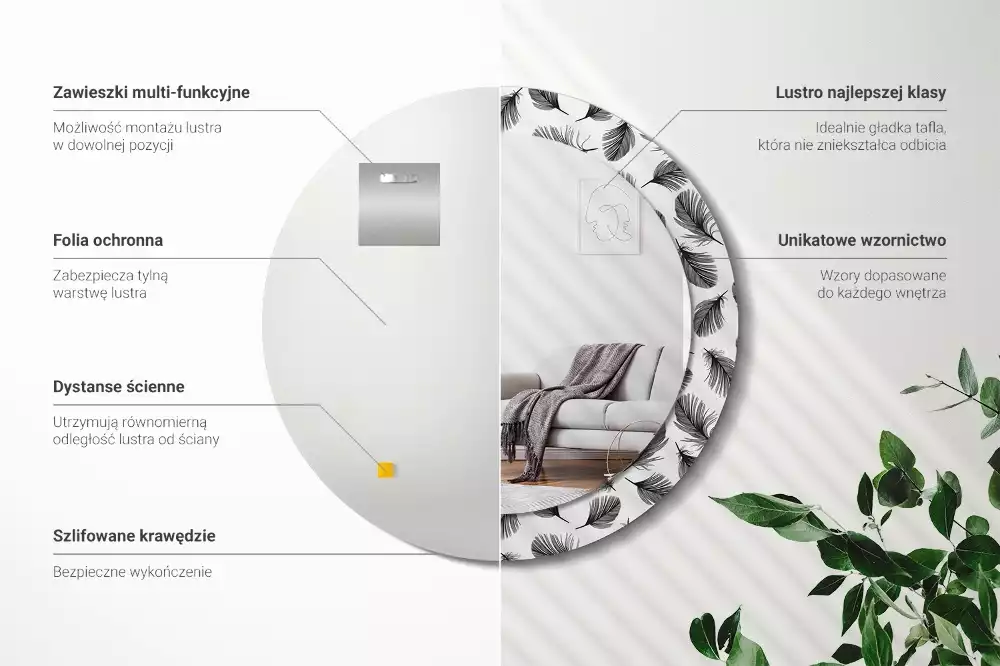 Lustro ścienne dekoracyjne w kształcie koła z motywem piór