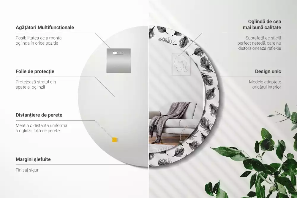 Lustro ścienne dekoracyjne w kształcie koła z motywem piór