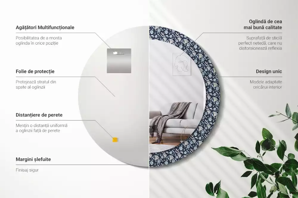 Lustro z okrągłą ramką z nadrukiem w stylu boho