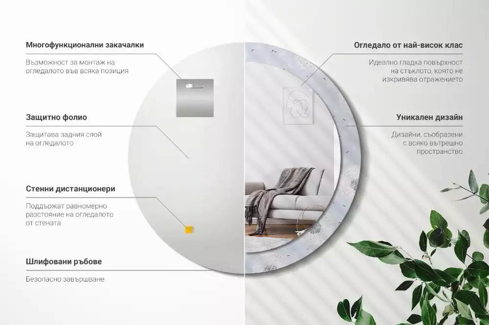 Lustro z dekoracyjną ramką z nadrukiem w motyw dmuchawców, w wersji okrągłej