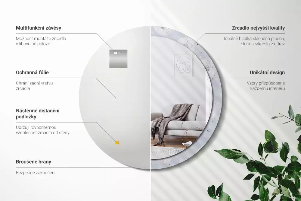 Lustro z dekoracyjną ramką z nadrukiem w motyw dmuchawców, w wersji okrągłej