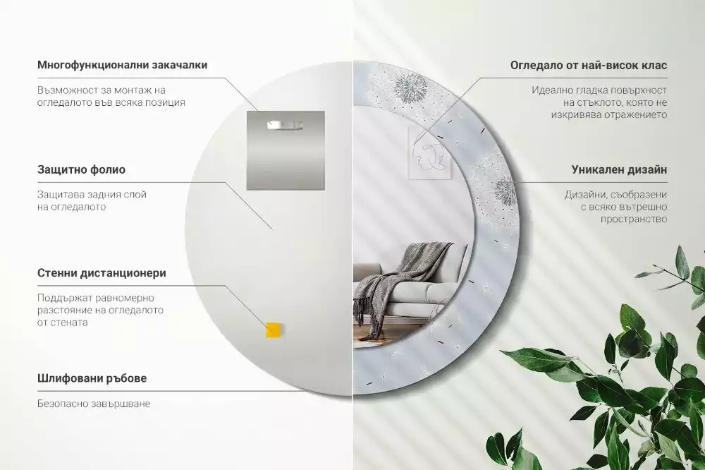 Lustro z dekoracyjną ramką z nadrukiem w motyw dmuchawców, w wersji okrągłej