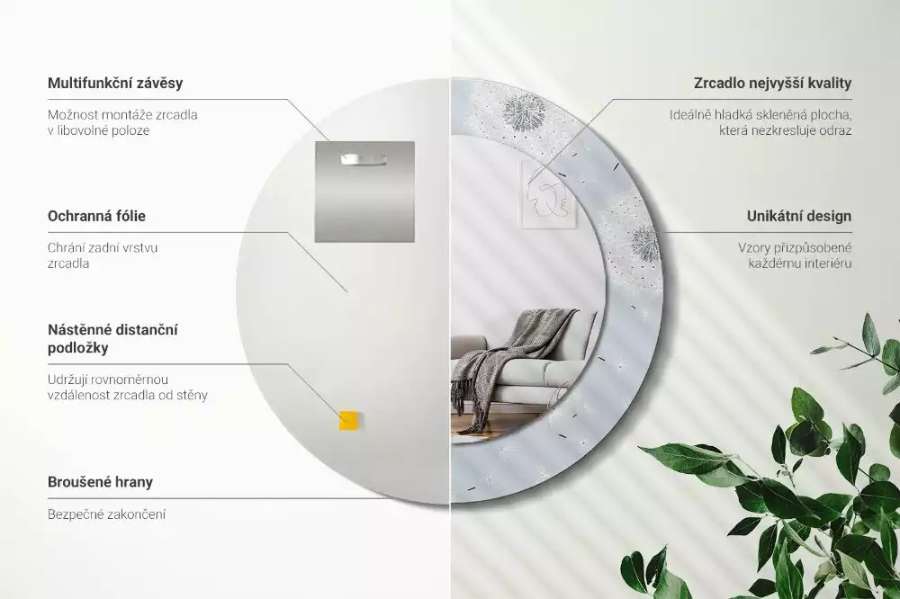 Lustro z dekoracyjną ramką z nadrukiem w motyw dmuchawców, w wersji okrągłej