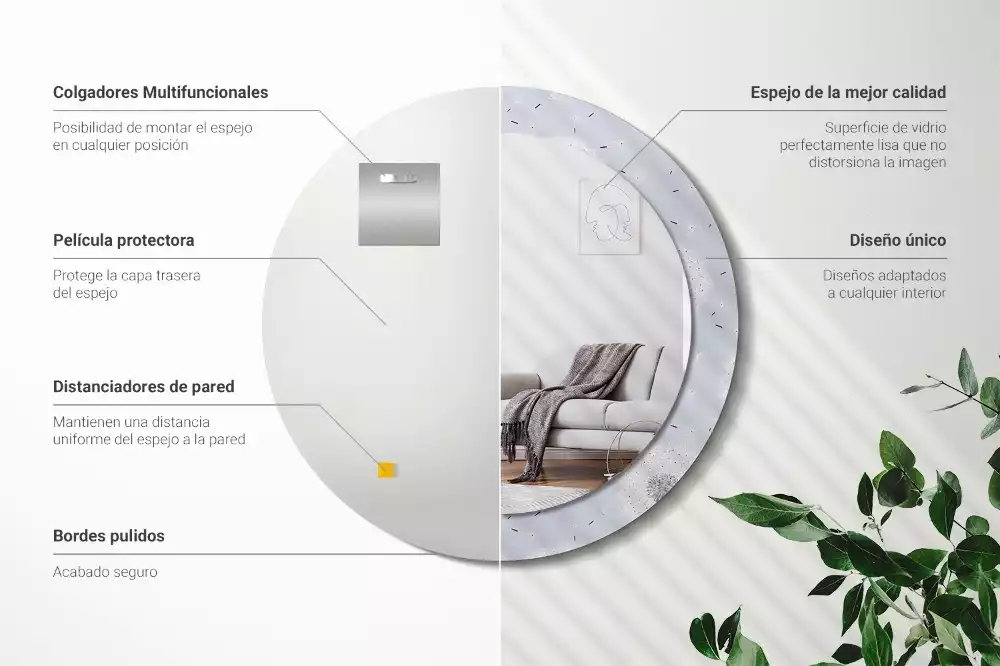 Lustro z dekoracyjną ramką z nadrukiem w motyw dmuchawców, w wersji okrągłej