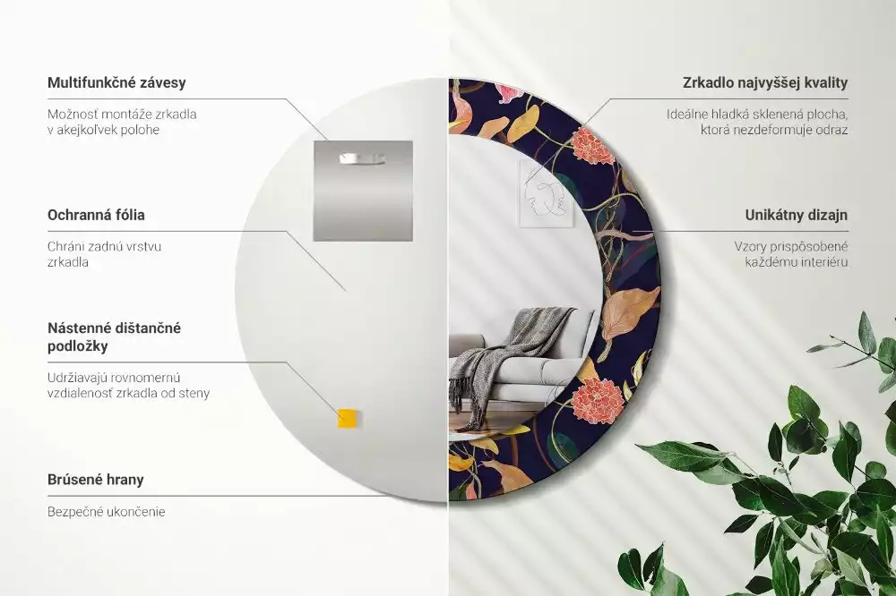 Lustro z drukowaną ramką o motywie roślin akwarelowych