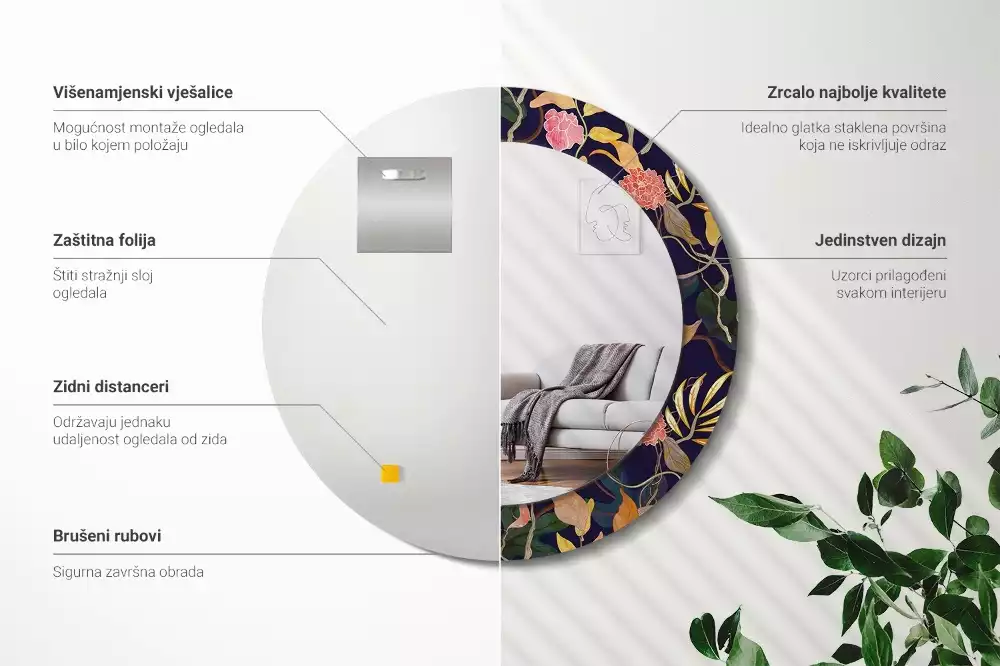 Lustro z drukowaną ramką o motywie roślin akwarelowych