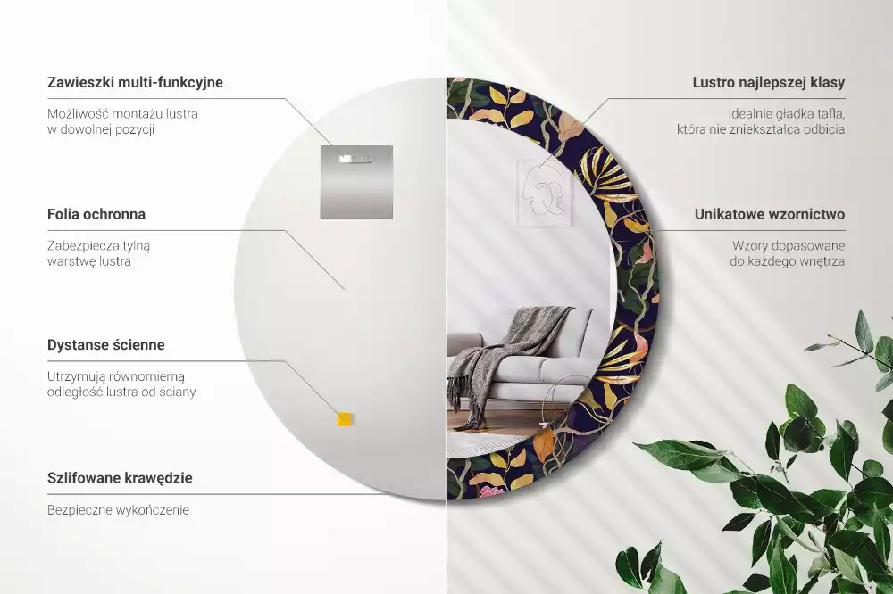 Lustro z drukowaną ramką o motywie roślin akwarelowych