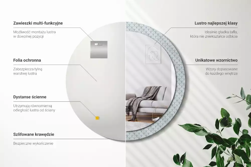 Lustro ścienne dekoracyjne w stylu retro z okrągłą ramą i wzorem vintage