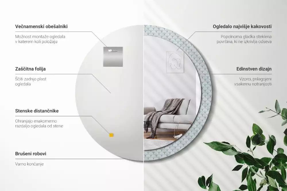 Lustro ścienne dekoracyjne w stylu retro z okrągłą ramą i wzorem vintage