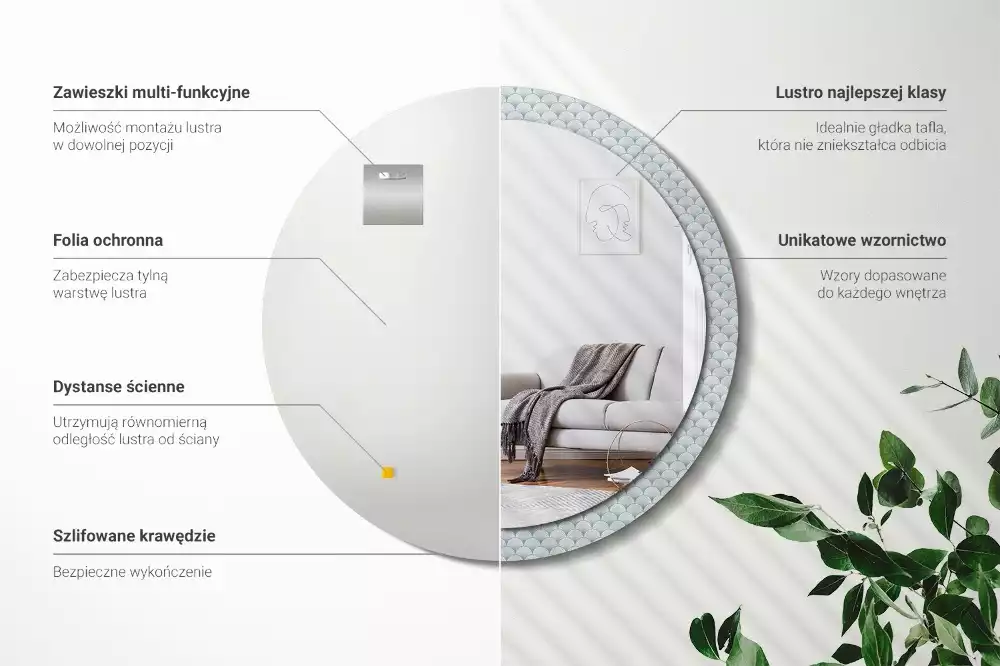 Lustro ścienne dekoracyjne w stylu retro z okrągłą ramą i wzorem vintage