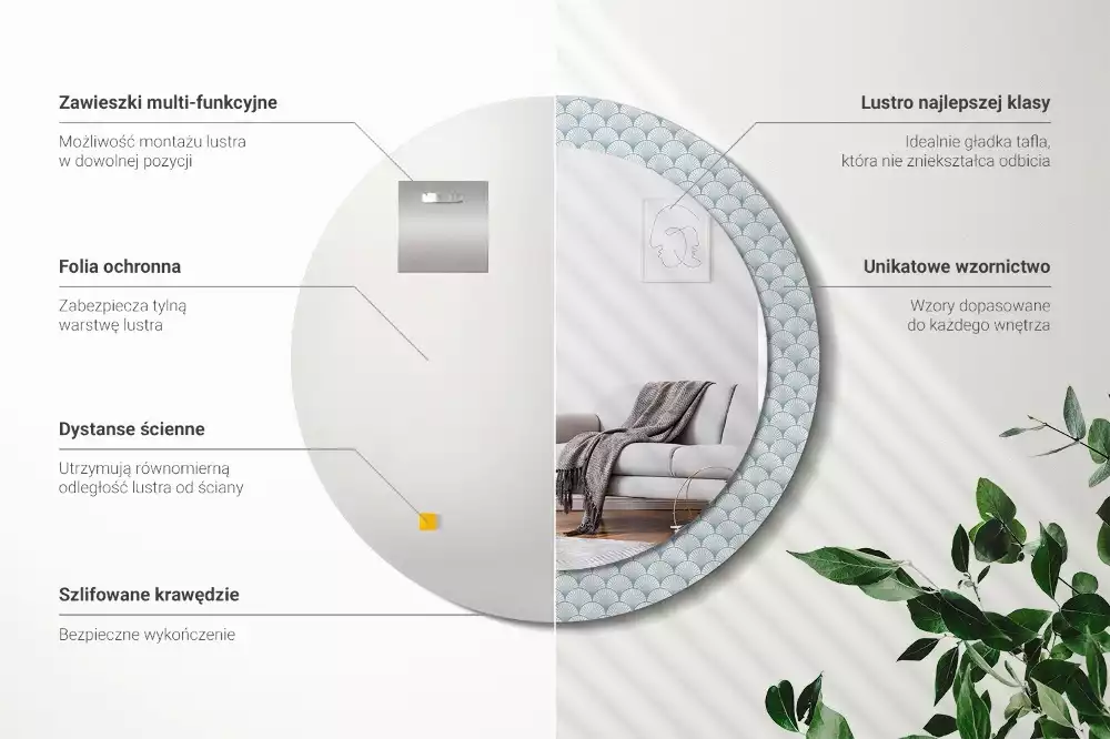 Lustro ścienne dekoracyjne w stylu retro z okrągłą ramą i wzorem vintage