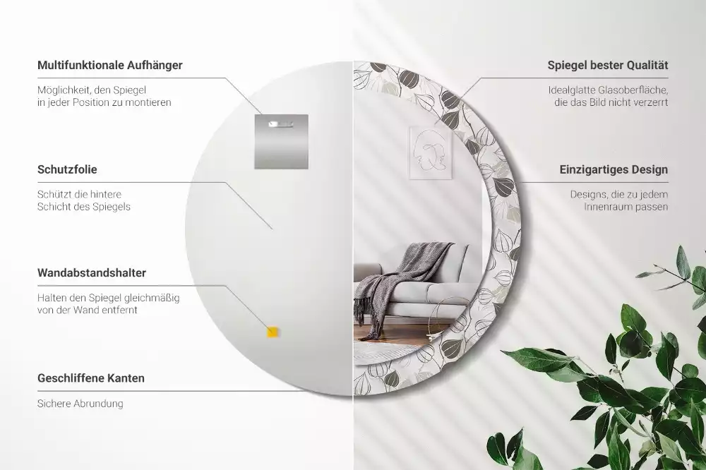 Lustro z ramą z nadrukiem w motywem abstrakcyjnych kwiatów, w formie okrągłej