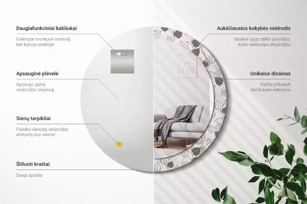 Lustro z ramą z nadrukiem w motywem abstrakcyjnych kwiatów, w formie okrągłej