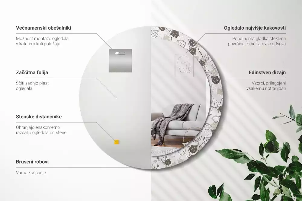 Lustro z ramą z nadrukiem w motywem abstrakcyjnych kwiatów, w formie okrągłej