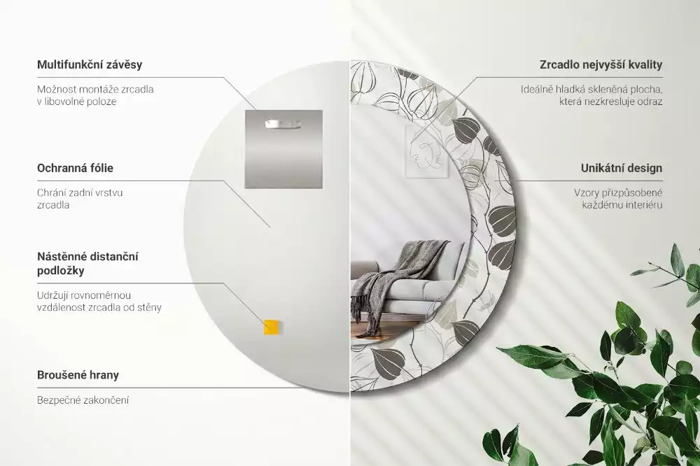 Lustro z ramą z nadrukiem w motywem abstrakcyjnych kwiatów, w formie okrągłej