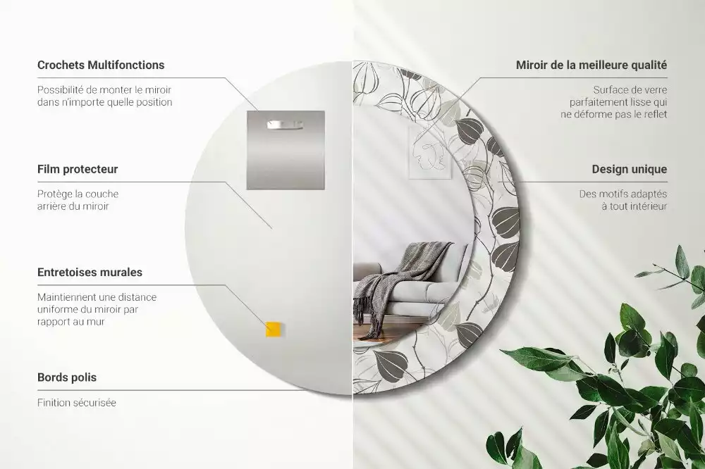 Lustro z ramą z nadrukiem w motywem abstrakcyjnych kwiatów, w formie okrągłej