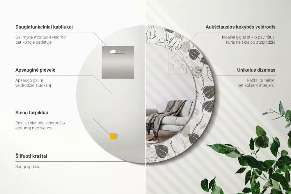 Lustro z ramą z nadrukiem w motywem abstrakcyjnych kwiatów, w formie okrągłej