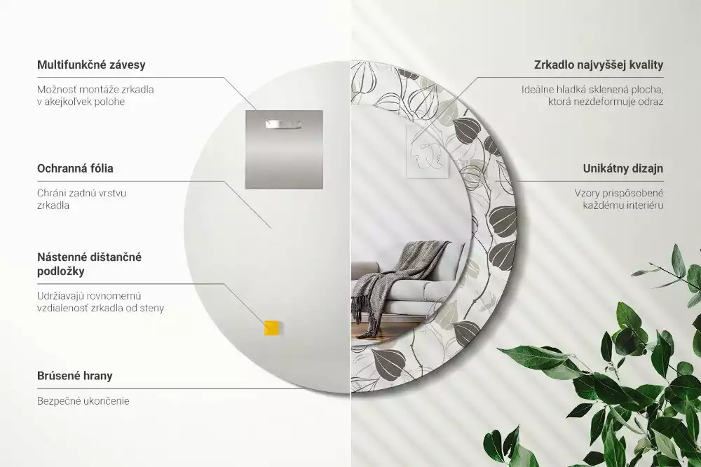 Lustro z ramą z nadrukiem w motywem abstrakcyjnych kwiatów, w formie okrągłej