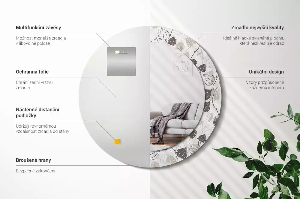 Lustro z ramą z nadrukiem w motywem abstrakcyjnych kwiatów, w formie okrągłej