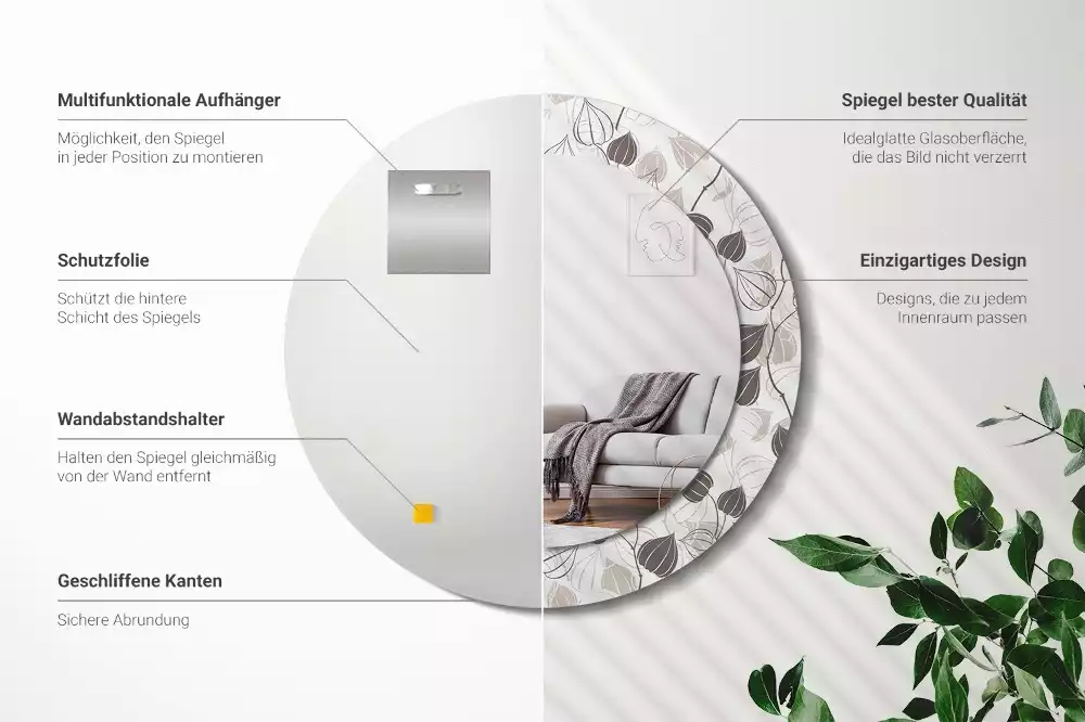 Lustro z ramą z nadrukiem w motywem abstrakcyjnych kwiatów, w formie okrągłej