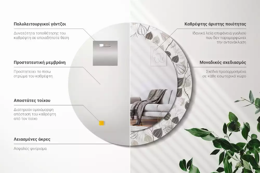 Lustro z ramą z nadrukiem w motywem abstrakcyjnych kwiatów, w formie okrągłej