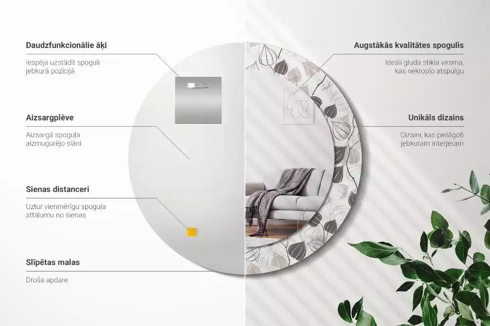 Lustro z ramą z nadrukiem w motywem abstrakcyjnych kwiatów, w formie okrągłej