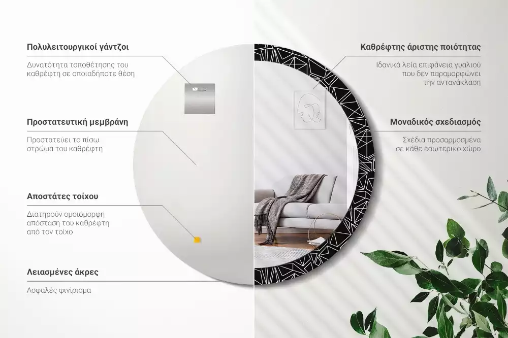 Lustro z drukowaną ramką o geometrycznym wzorze