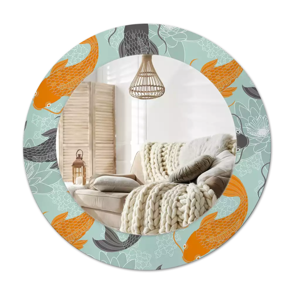 Lustro z okrągłą ramą i nadrukiem z karpiem koi