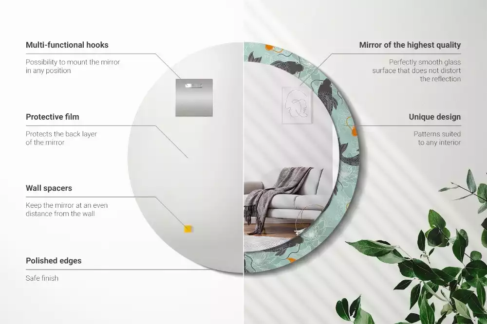 Lustro z okrągłą ramą i nadrukiem z karpiem koi