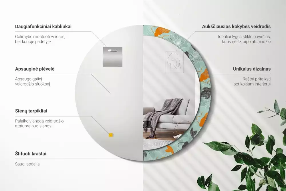 Lustro z okrągłą ramą i nadrukiem z karpiem koi