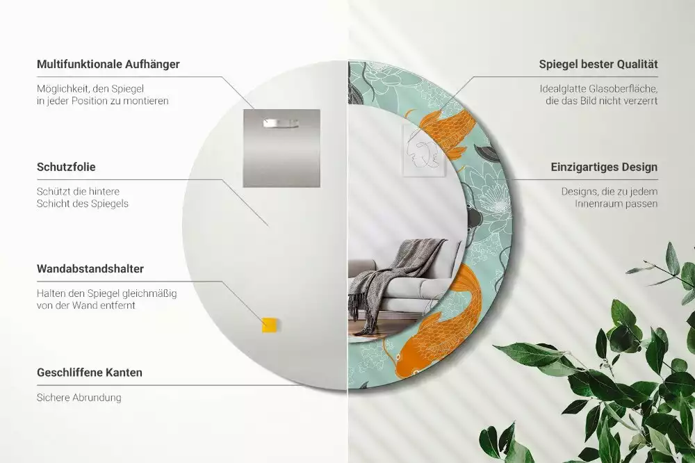 Lustro z okrągłą ramą i nadrukiem z karpiem koi