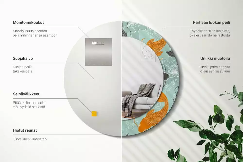 Lustro z okrągłą ramą i nadrukiem z karpiem koi