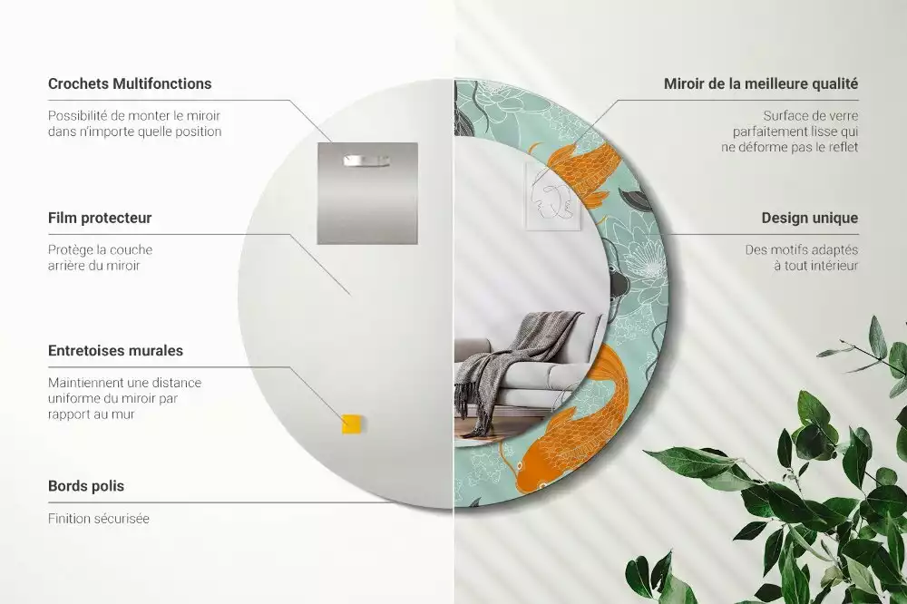 Lustro z okrągłą ramą i nadrukiem z karpiem koi