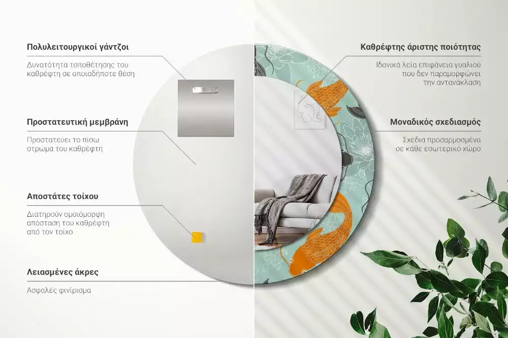 Lustro z okrągłą ramą i nadrukiem z karpiem koi