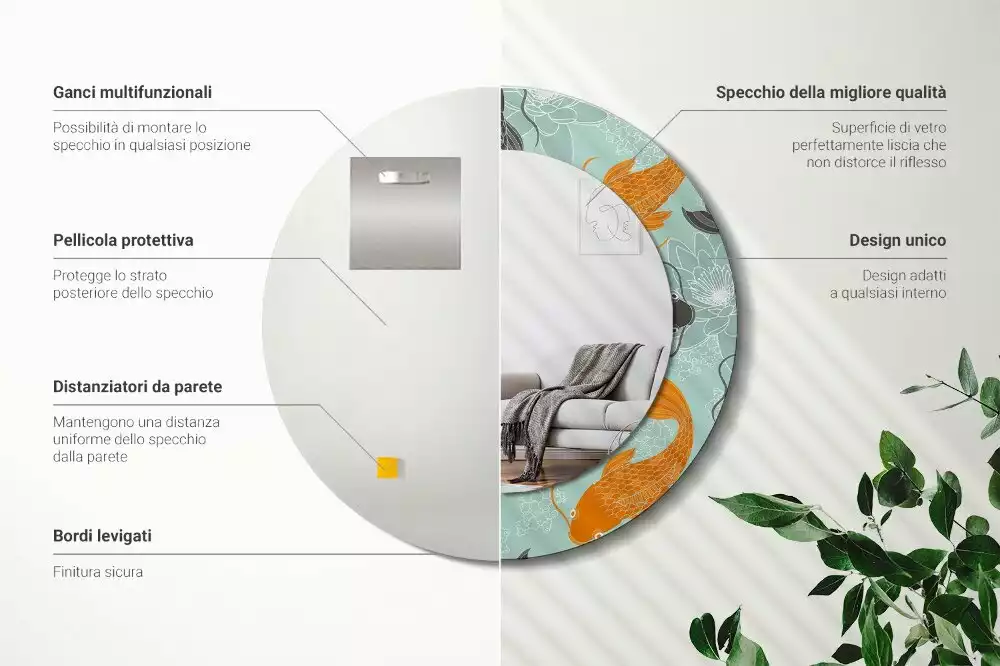 Lustro z okrągłą ramą i nadrukiem z karpiem koi