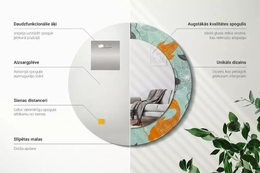 Lustro z okrągłą ramą i nadrukiem z karpiem koi