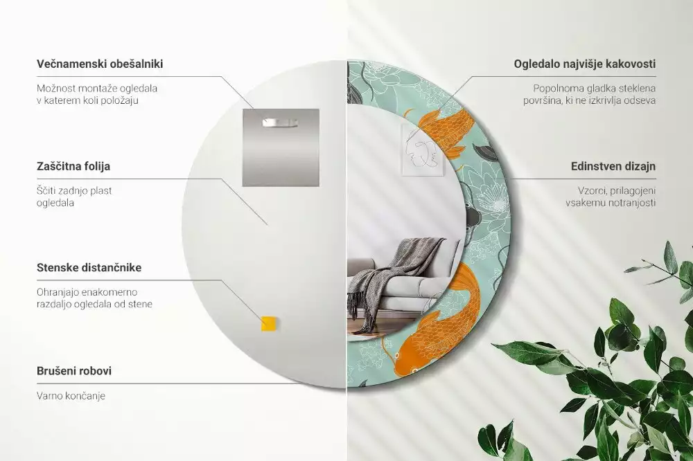 Lustro z okrągłą ramą i nadrukiem z karpiem koi