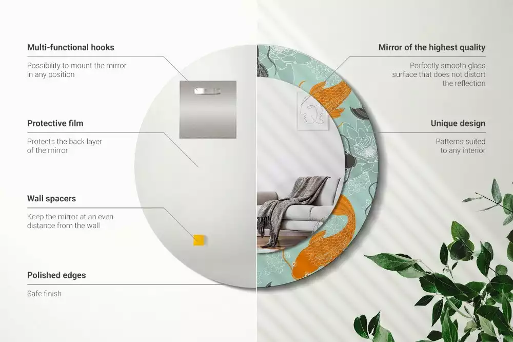 Lustro z okrągłą ramą i nadrukiem z karpiem koi